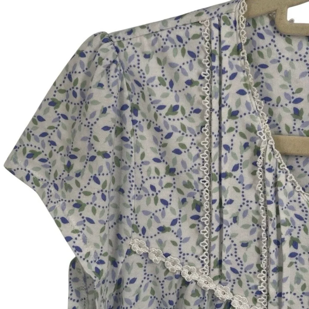 Eileen West Cap Sleeve Knee Length Floral Gown White/Blue/Green‎ Size Small